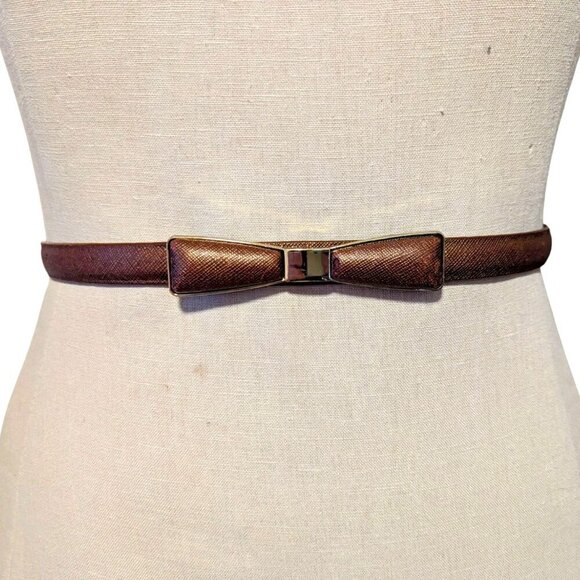 Vintage Skinny Belt Bow Tie Dainty Leather Statement Gold Hardware Bronze Brown - Picture 1 of 10